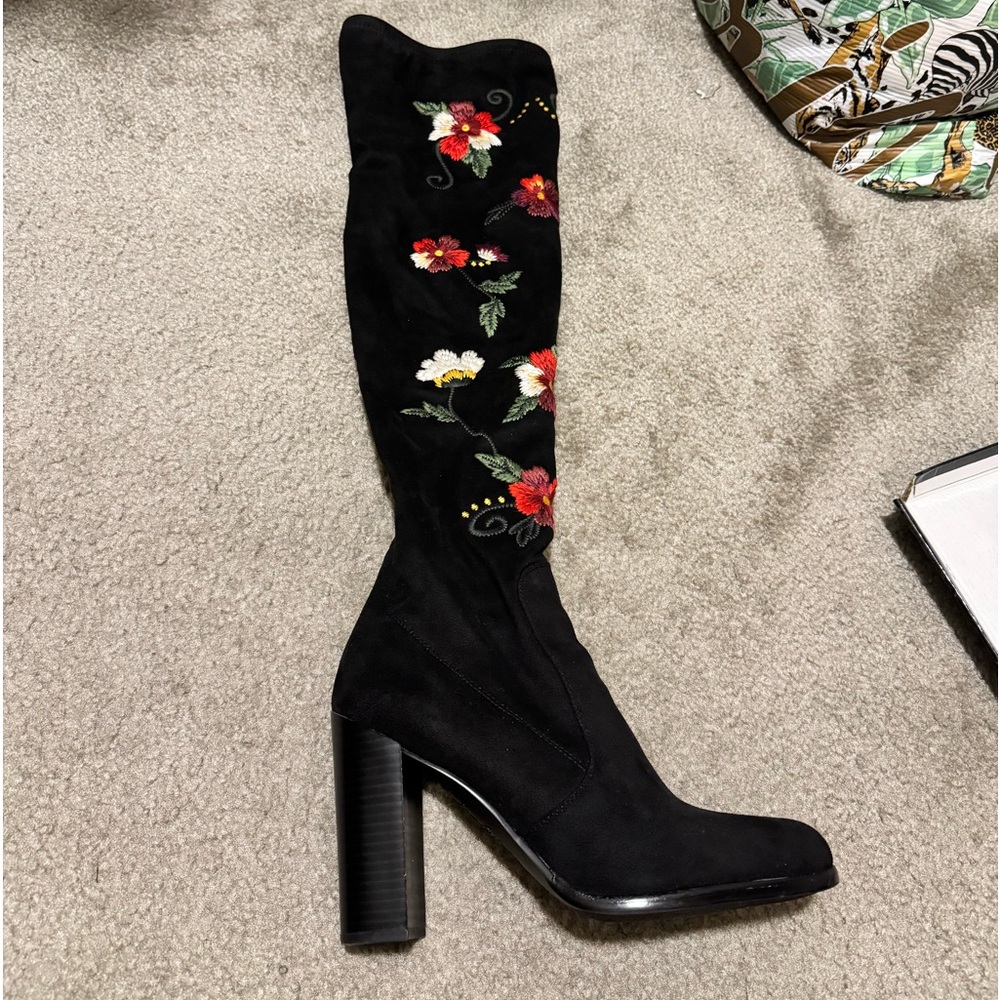 Sam Edelman floral print black suede OTK boots size 10 gently worn